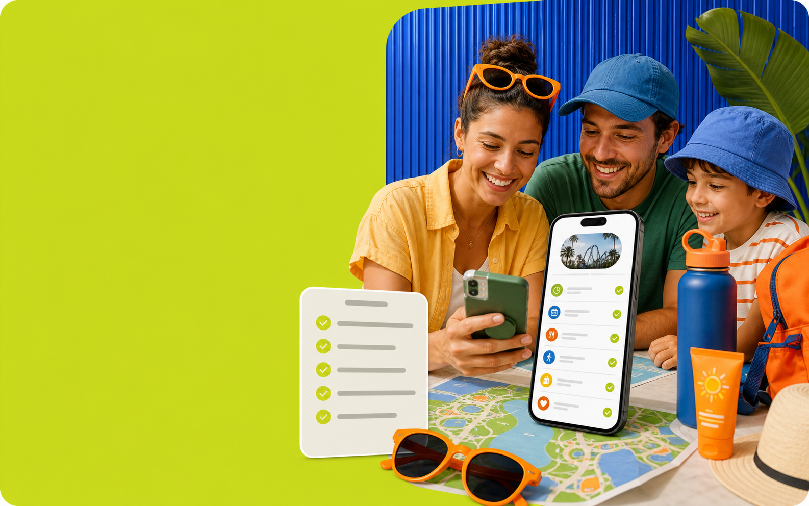 Family planning a Florida theme park day with a checklist, phone, map, and park-day items